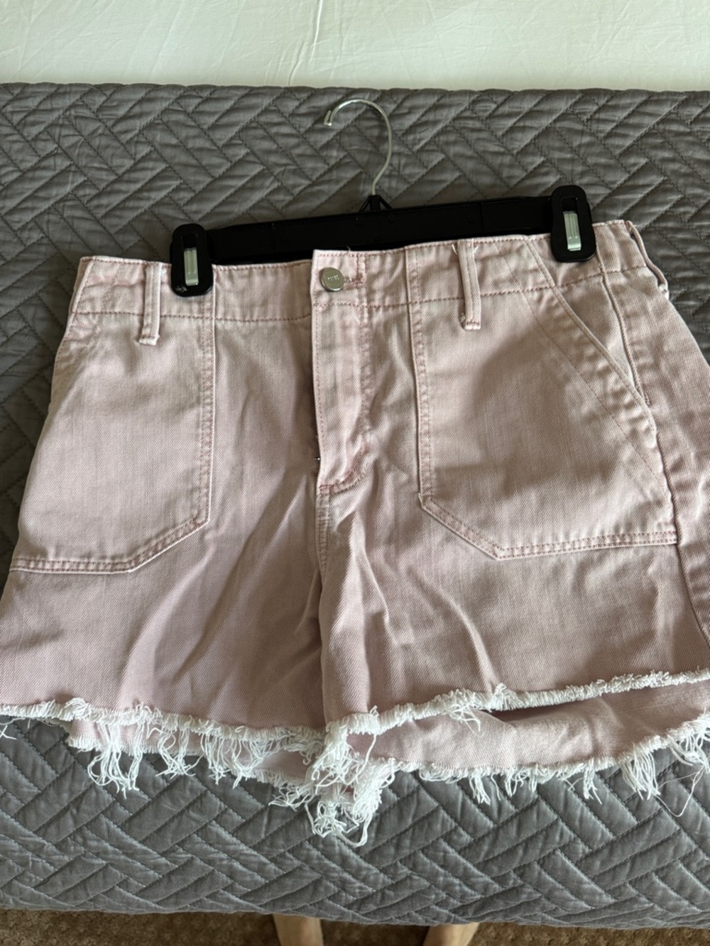 PAIGE Light Pink Frayed Hem Denim Shorts — Pink/blush